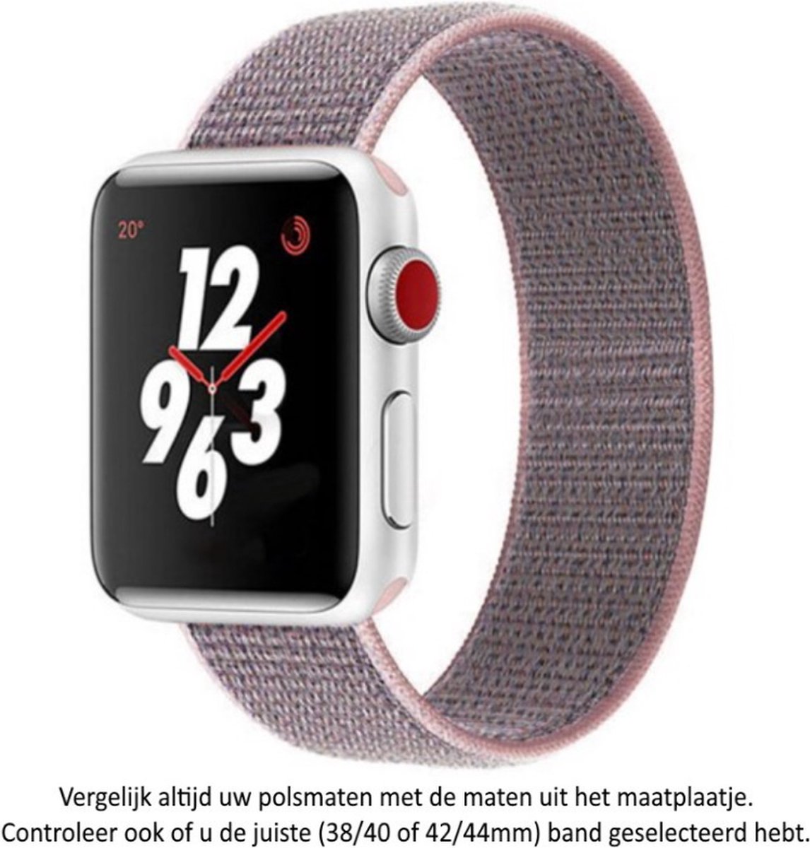 Roze Grijs Nylon Horloge Band geschikt voor Apple Watch 1, 2, 3, 4, 5, 6, 7, 8, 9, SE, 42mm, 44mm, 45mm & 49mm "Mannenbreedte" Series – Maat: zie maatfoto - Zacht Geweven Nylon - 42 mm, 44 mm, 45 mm en 49 mm