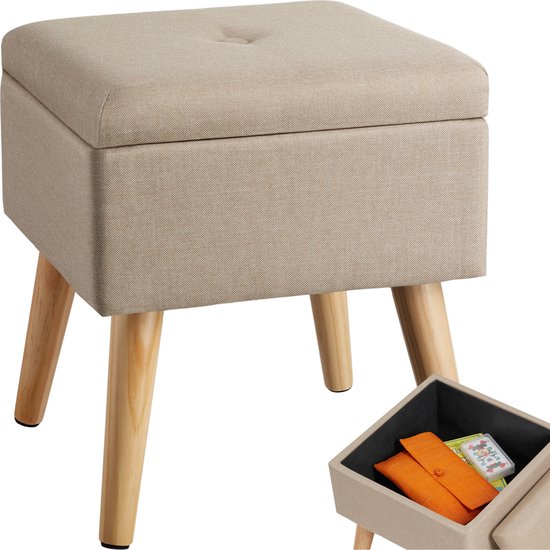 tectake® Kruk met opbergruimte in linnenlook - Gevoerde zitting met afneembaar deksel - Opbergkruk met groot opbergvak - Houten poten - Ronde kruk - Poef - Voetenkruk - Zandkleur