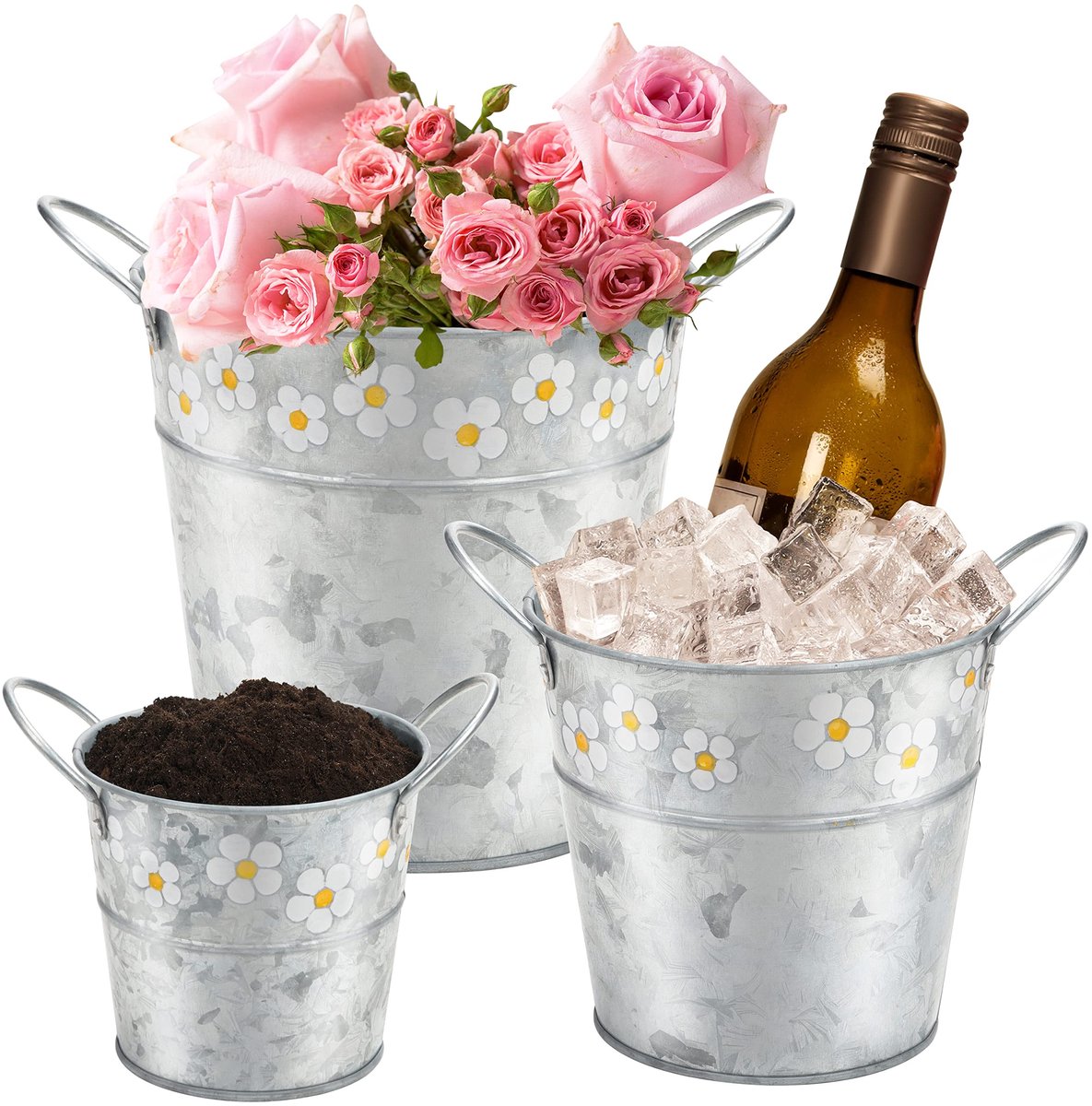 Unyqoos ® Stijlvolle Set van Drie Rustieke Zilverkleurige Emmers met Bloemenpatroon voor Binnen en Buiten