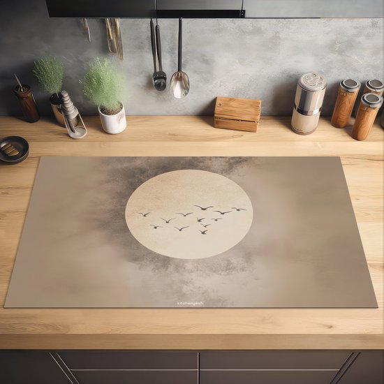 KitchenYeah® Protection plaque induction 91.2x52 cm - Oiseaux - Beige - Japandi - Protege plaque de cuisson - Couvre plaque induction - Protecteur d'induction - Cuisine