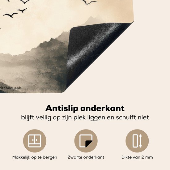 KitchenYeah® Protection plaque induction 60x52 cm - Paysage - Japandi - Oiseaux - Protege plaque de cuisson - Couvre plaque induction - Protecteur d'induction - Cuisine