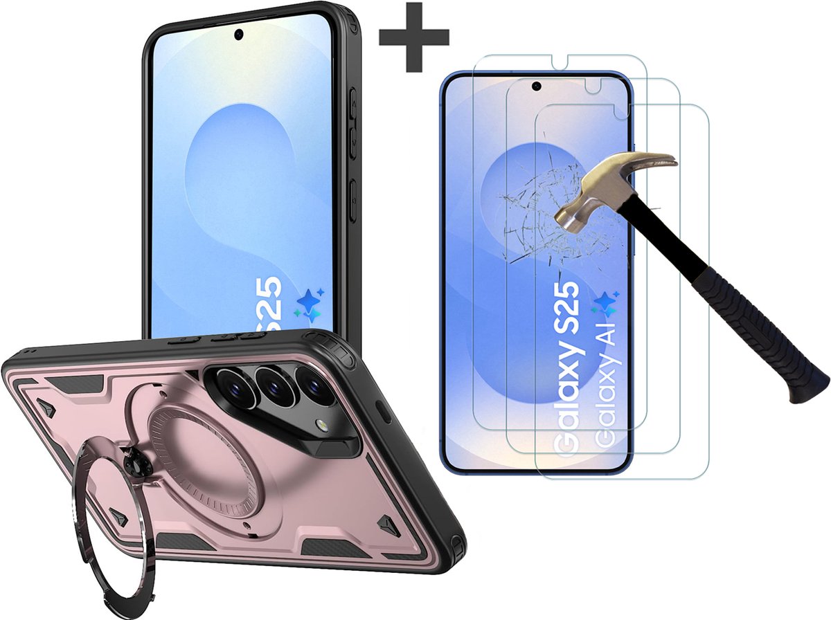 Hoesje Geschikt voor Samsung Galaxy S25 met 3 Stuks gehard glas Screenprotectors - Armor hoes met Ringhouder - Arara backcover - Rosegoud
