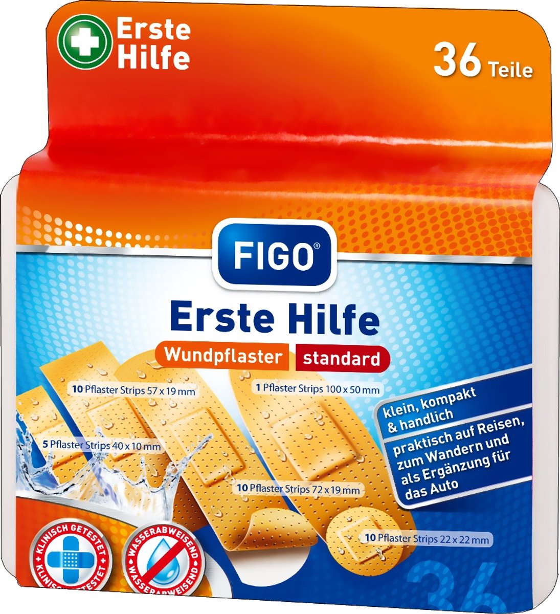 Figo | 36 stuks Eerste Hulp pleisters | 5 verschillende pleisters | klein en compact | voor op reis of thuis