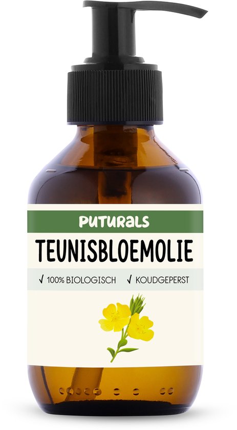 Fles Puturals teunisbloemolie met pompdispenser, bruin glas, 150ml, met etiket Goudgeel, 100% biologisch, koudgeperst.