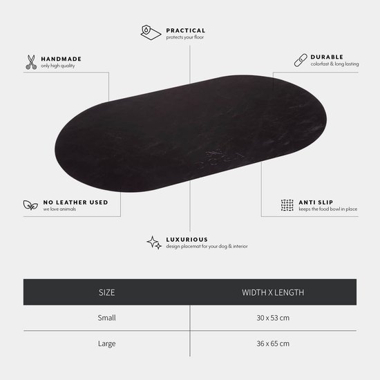 Gamelle Set de Table Mangeoires - Tapis Alimentaire Chien et Chat - Antidérapant - Hydrofuge - Zwart - Cuir Vegan - 30 x 63 cm - Taille S