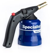 Gasbrander Specialist+ met piëzo-ontsteking en metalen behuizing, geschikt voor gebruik met 190 gram gas.
