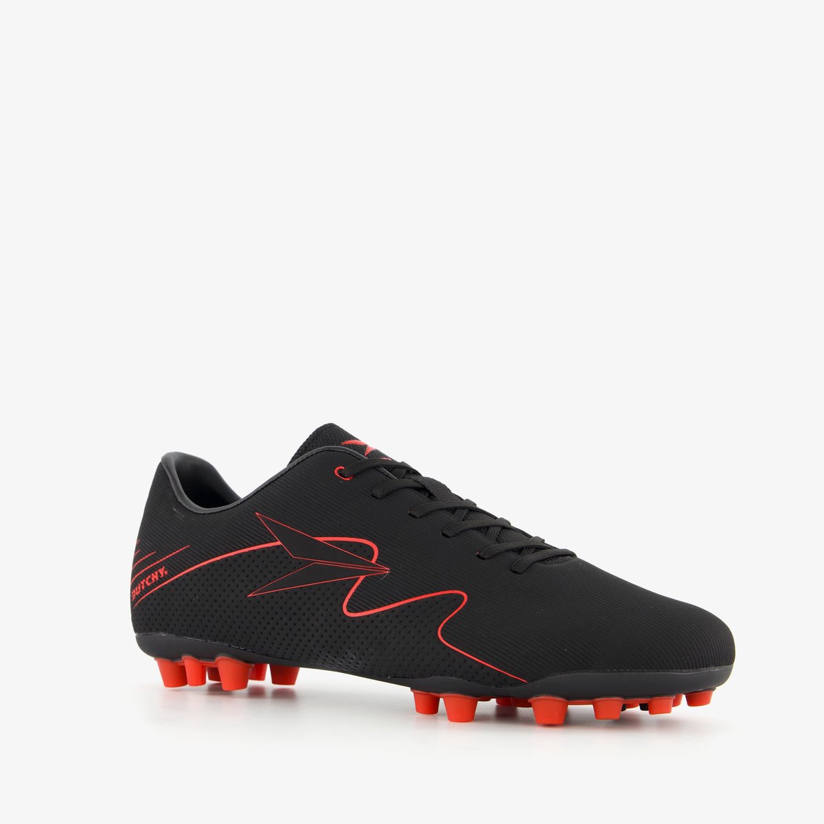 Zwarte Dutchy Striker MG voetbalschoenen voor heren met rode details en vetersluiting, maat 41, uitneembare zool.