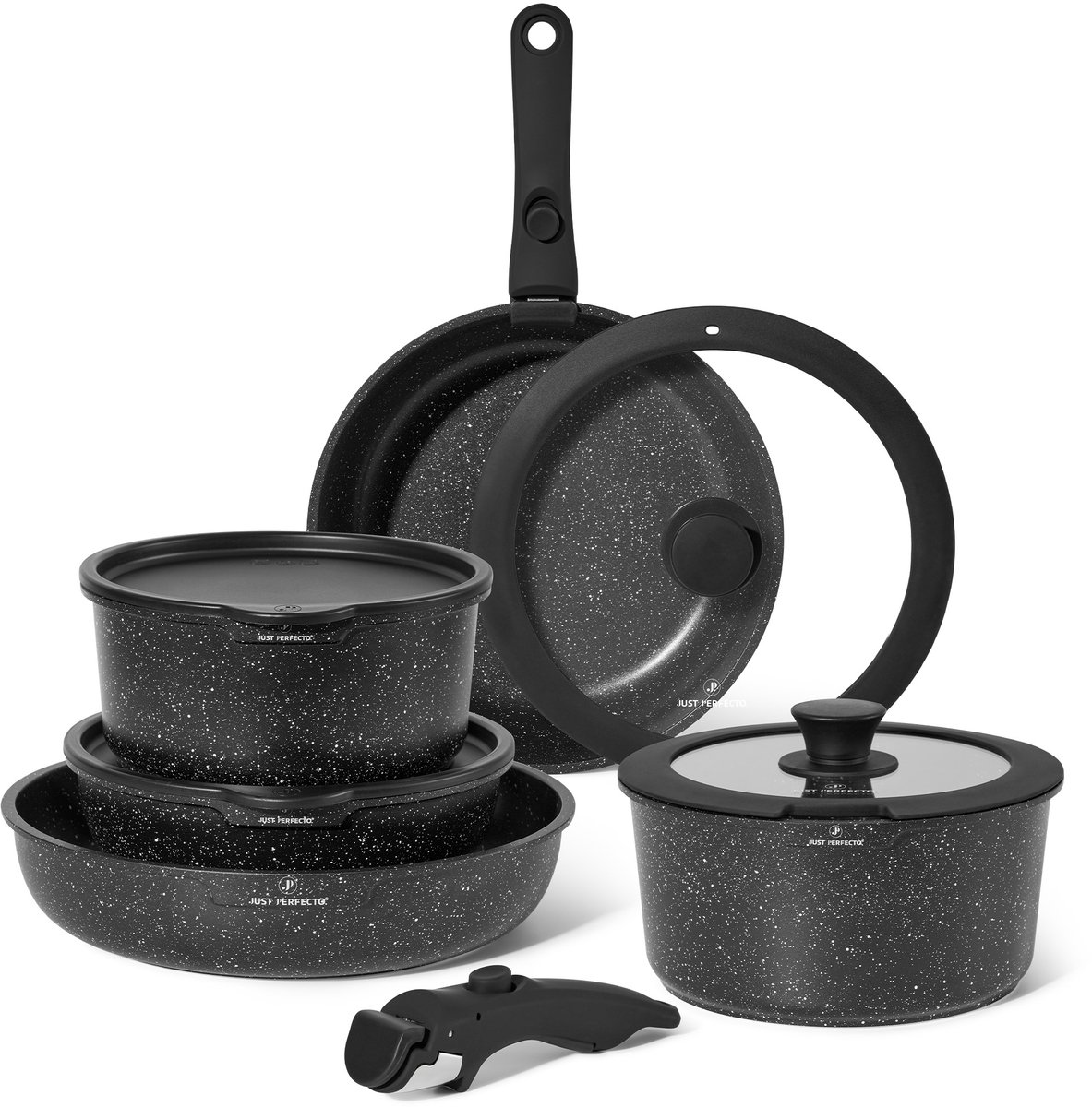 Just Perfecto 11 Delige Pannenset Inductie - Afneembare Handgreep - Pannenset Met Deksel Voor Alle Warmtebronnen - Pannen Zonder PFOA - PFAS