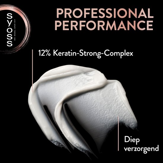 Une touche de crème blanche de Syoss Intense Keratin Deep Conditioner avec texte 'Soin profond'.