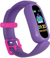 Paarse smartwatch voor kinderen met een afbeelding van een astronaut op een raket op het scherm.