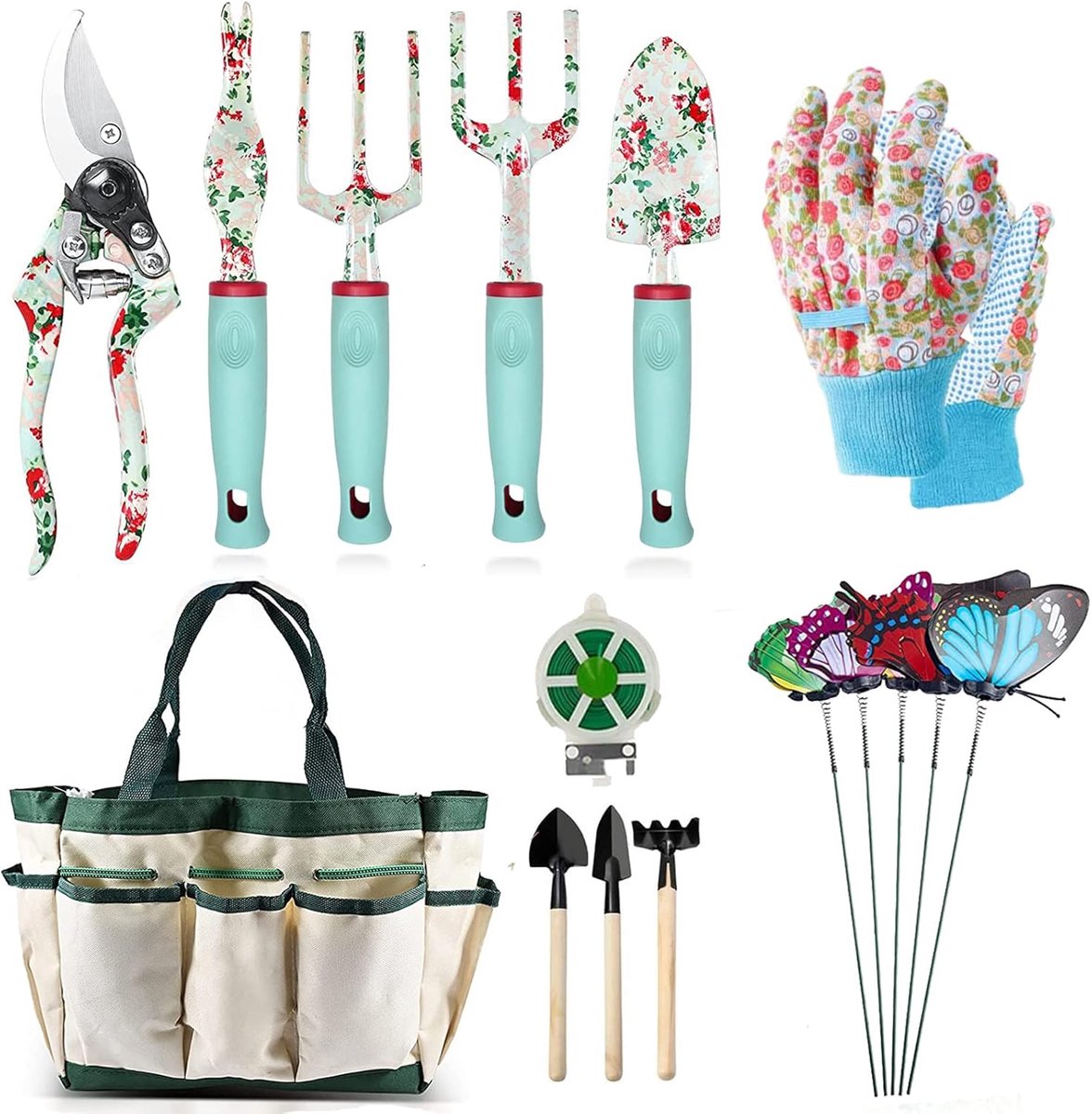 Candala Tuingereedschap Set, 16-delige Floral Tuinieren Hand Tool Gift Kits Tuinieren Geschenken voor Vrouwen & Mannen, met Snoeischaar & X-Large Handvat Opbergtas, Heavy Duty Tuingereedschap (Groene Bloemen)