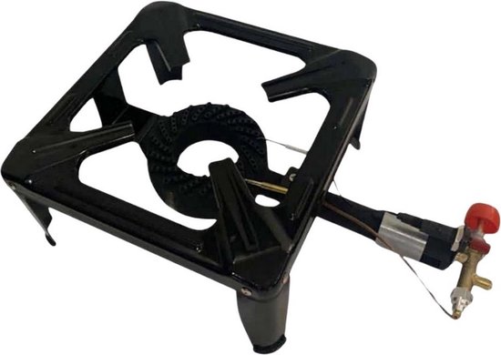 Zwarte gasbrander met rode knop en metalen slang.