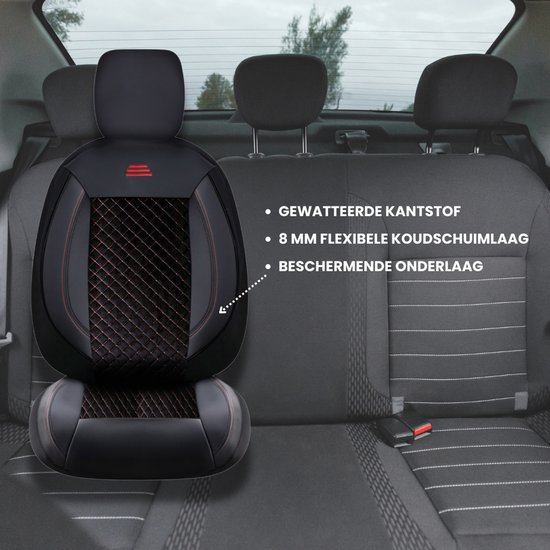Housses de siège de voiture pour Volkswagen T-Roc 2017 sur mesure| Ensemble de 2 pièces | Siège conducteur + passager série AIS | AIS101 | Zwart avec coutures rouges
