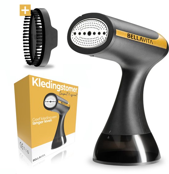 Zwarte en gouden kledingstomer met extra borstel, doos op de achtergrond. "Kledingstomer Compact & Efficient".