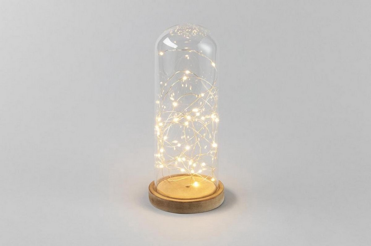 Glazen Stolp met LED Verlichting | Tafellamp | Modern | Glas | Hout | 29 x 12 x 12 cm