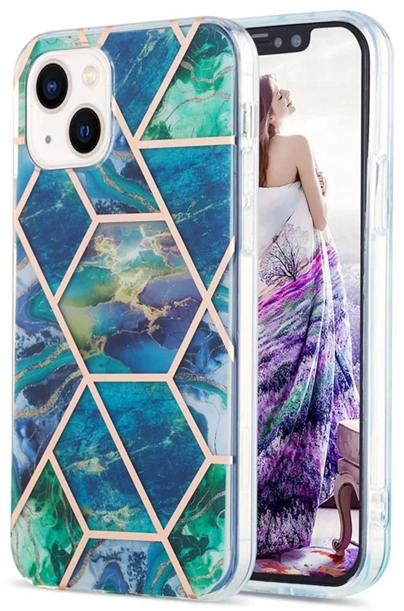 Cityhoesje - iPhone 15 Plus - Splicing Marble Pattern Electroplated - Back Cover - Blauw