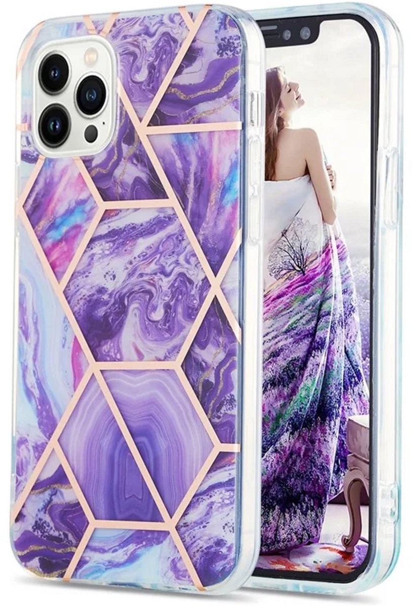 Cityhoesje - iPhone 15 Pro Max - Splicing Marble Pattern Electroplated - Back Cover - Paars