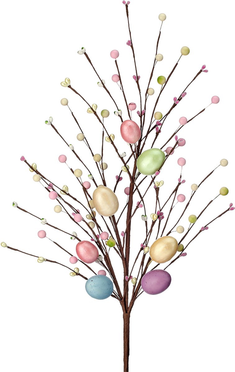 Viv! Christmas Paasdecoratie - Paastak met Parelmoer Paaseieren en Kunstbessen - decoratietak pasen - pastel - 71cm op Prijzenvolger.com
