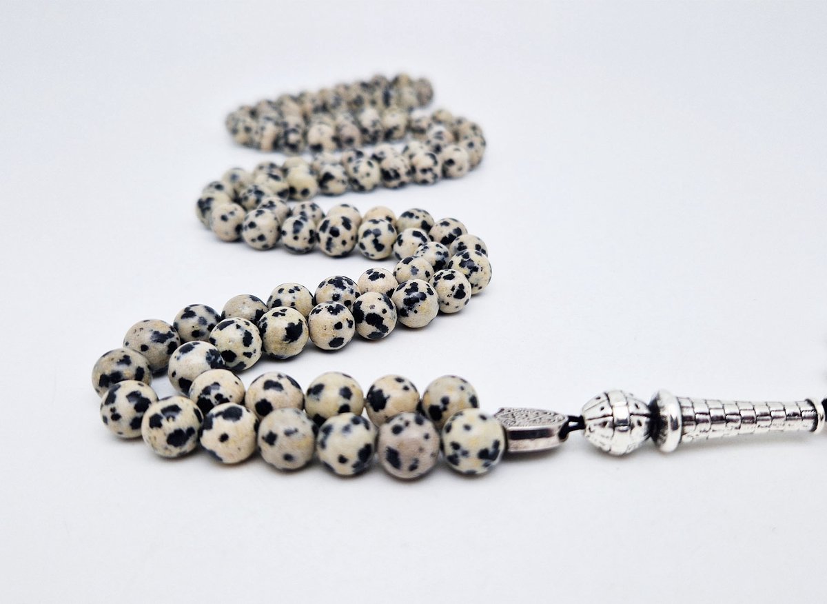 Handgemaakte tesbih "Tasbih" natuursteen " Jasper Dalmatin" - Aantal kralen 99 - Diameter kralen 8MM - met metaal tassel "Vlag van Turkije" - Een mooi cadeau-idee