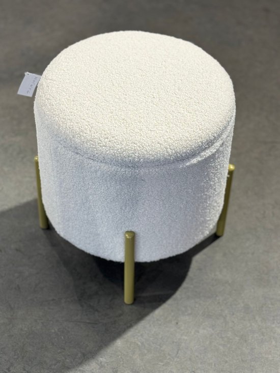 Cherchie - Poef met vier gouden metalen poten - Met opbergruimte - Voetenbank met opbergruimte - Zitkist met deksel - Wit - Stof - 30 x 31 cm