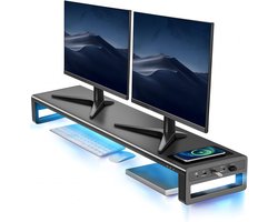 Dubbele Monitor Stand Riser met Draadloos Opladen en 4 USB Hub - Voor 2 Monitoren tot 32 Inch - Zwart