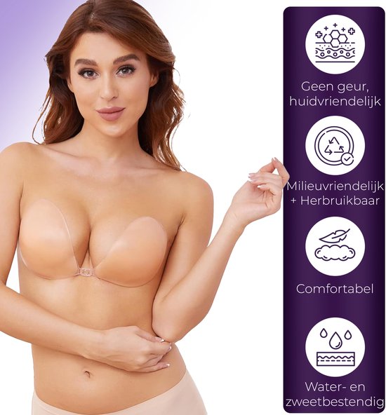 Model draagt zelfklevende bh. Iconen tonen 'Geen geur, huidvriendelijk', 'Milieuvriendelijk + Herbruikbaar', 'Comfortabel', 'Water- en zweetbestendig'.