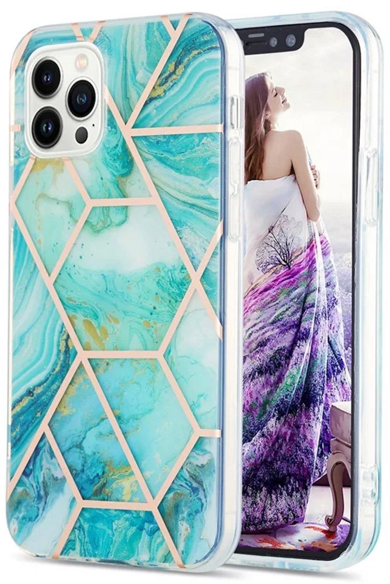 Cityhoesje - iPhone 15 Pro - Splicing Marble Pattern Electroplated - Back Cover - Blauw