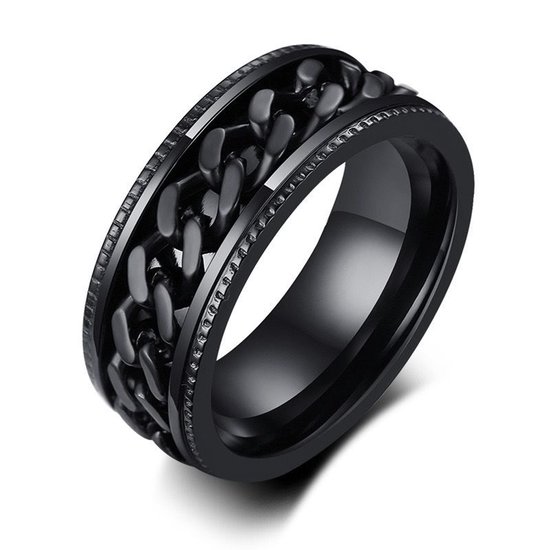 NEFET® - Anxiety Chainring - Fidget Ring - Roestvrij Staal - Maat 19 - Zwart - Schakelmotief - Heren / Dames - ideale geschenk - Cadeau voor Man - Cadeautjes Accesoires - Trendy