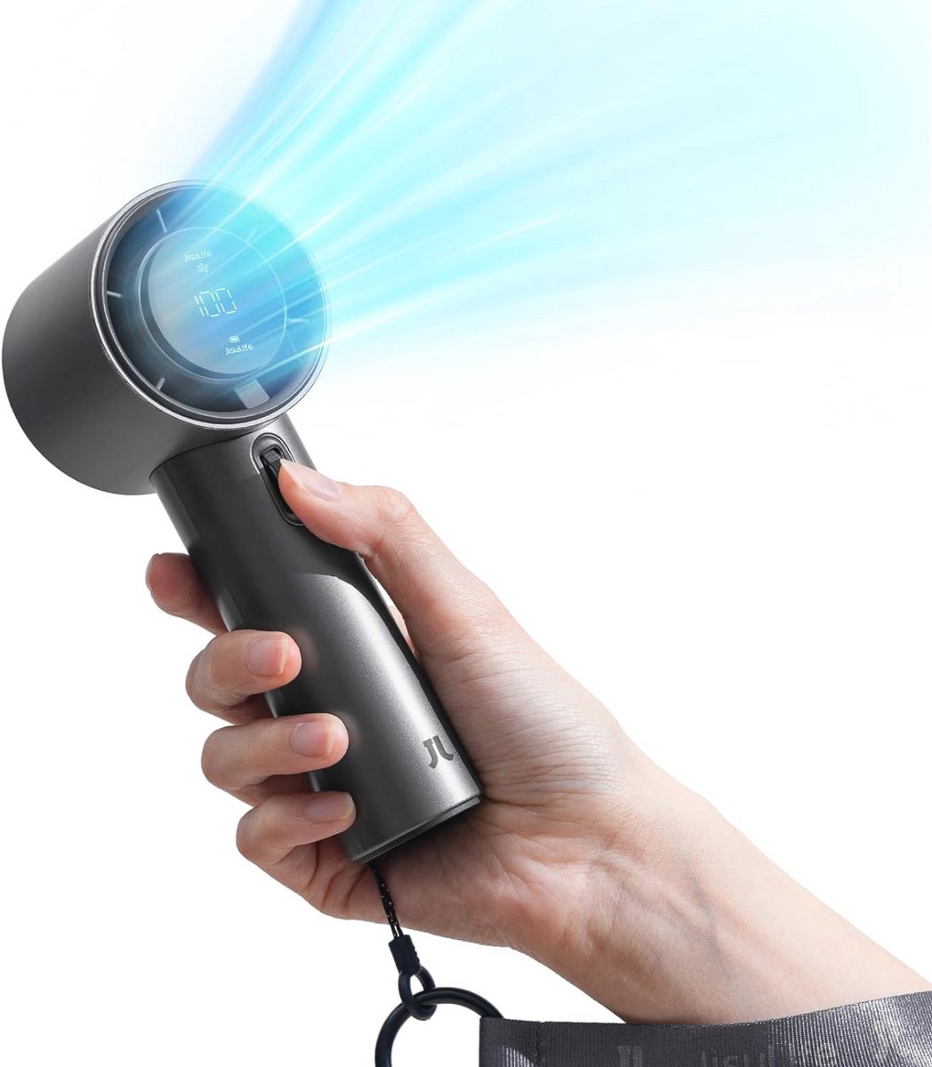 Draagbare Handventilator met Instelbare Windsnelheid en Digitaal Display – 5000 mAh Oplaadbare Miniventilator voor Reizen en Kamperen