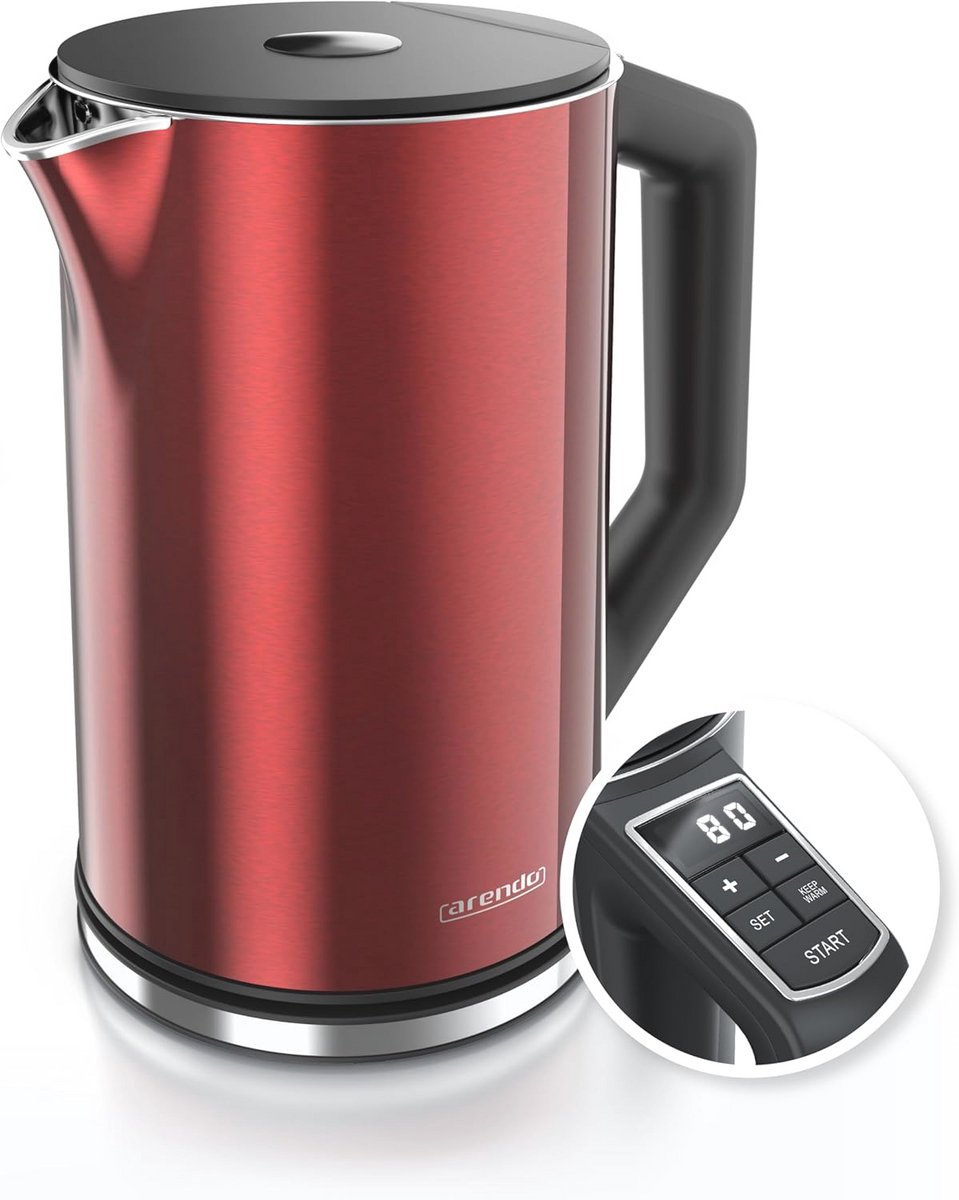 Roestvrijstalen waterkoker met temperatuurinstelling 40-100 graden - Dubbelwandig design - 1,5 liter - 2200 W - Theekoker met temperatuurweergave