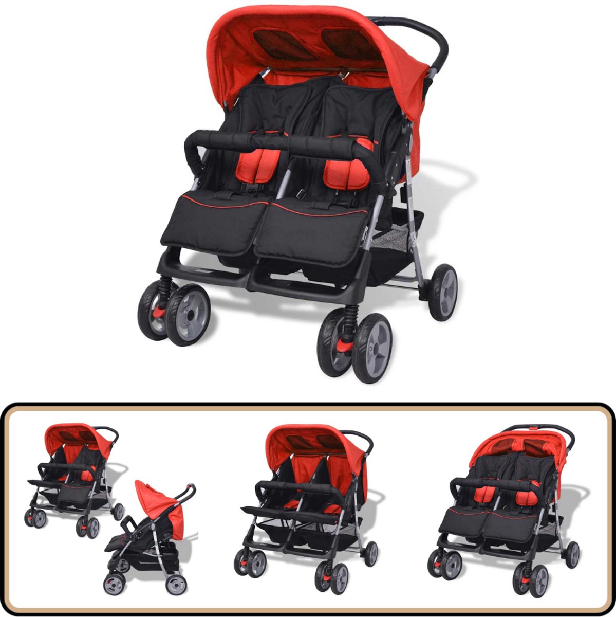 The Living Store Kinderwagen - Comfortabele tweelingwagen - Rood/Zwart - 80x96x104cm - Staal/Oxford stof