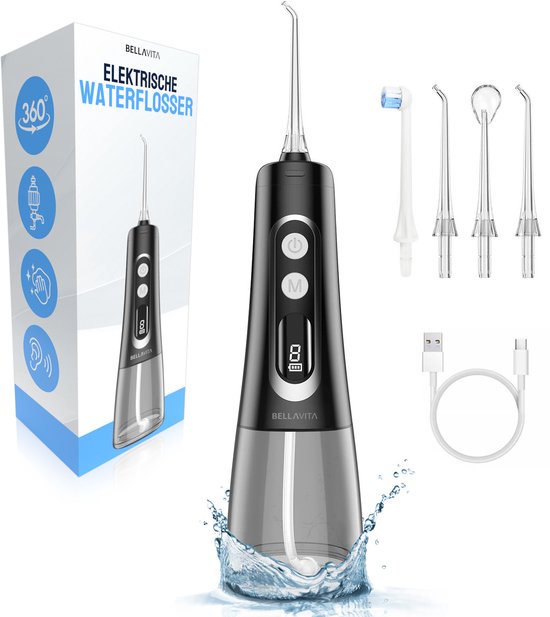 Hydropulseur noir avec écran, câble USB et 4 embouts, à côté de l'emballage.