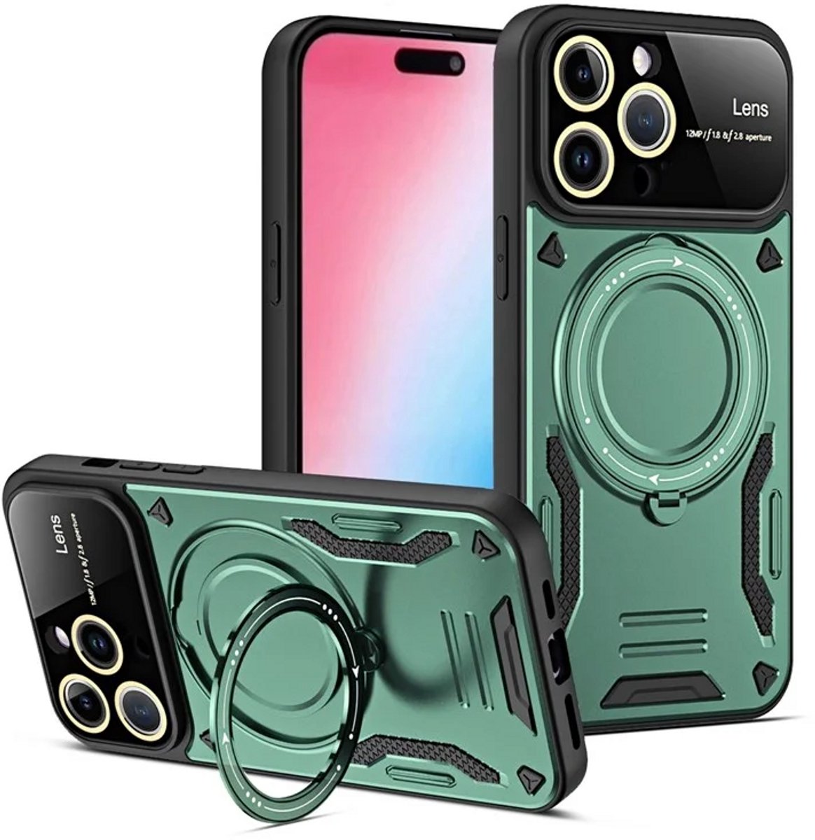 Cityhoesje - iPhone 15 Pro Max - Magnetic - Ring Holder Kickstand - Protective – Backcase - Groen