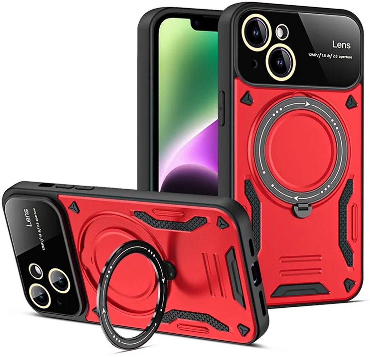 Cityhoesje - iPhone 15 Plus - Magnetic - Ring Holder Kickstand - Protective – Backcase - Rood