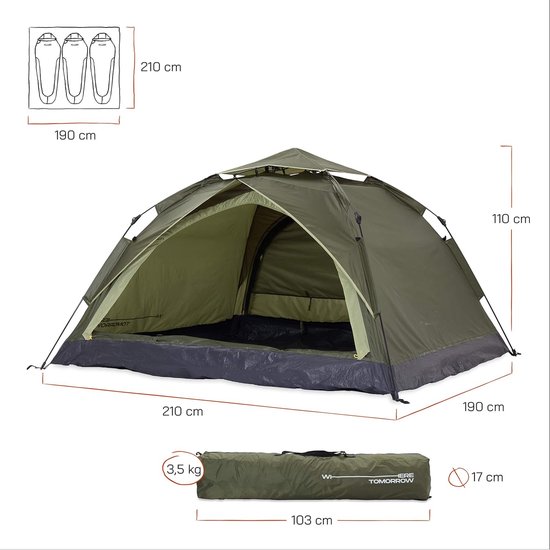 3 Persoons Pop-up Tent met Dubbele Deur - Ideaal voor Camping en Festivals - Ultralicht en Waterdicht (210x190 cm) van Merkloos — afbeelding 3