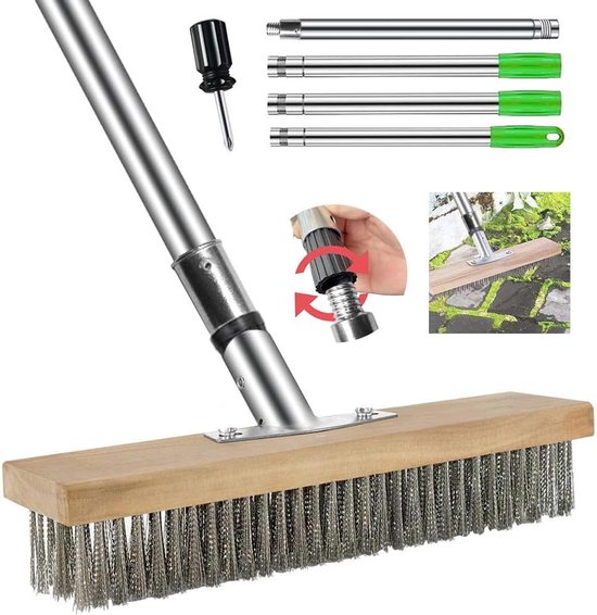 Roestvrij staaldraad bezem 160 cm, dek schrobborstel met lange steel mentale vloer schrobber draad dek borstel voor dek, tuin, douche, muur en terras (kunststof