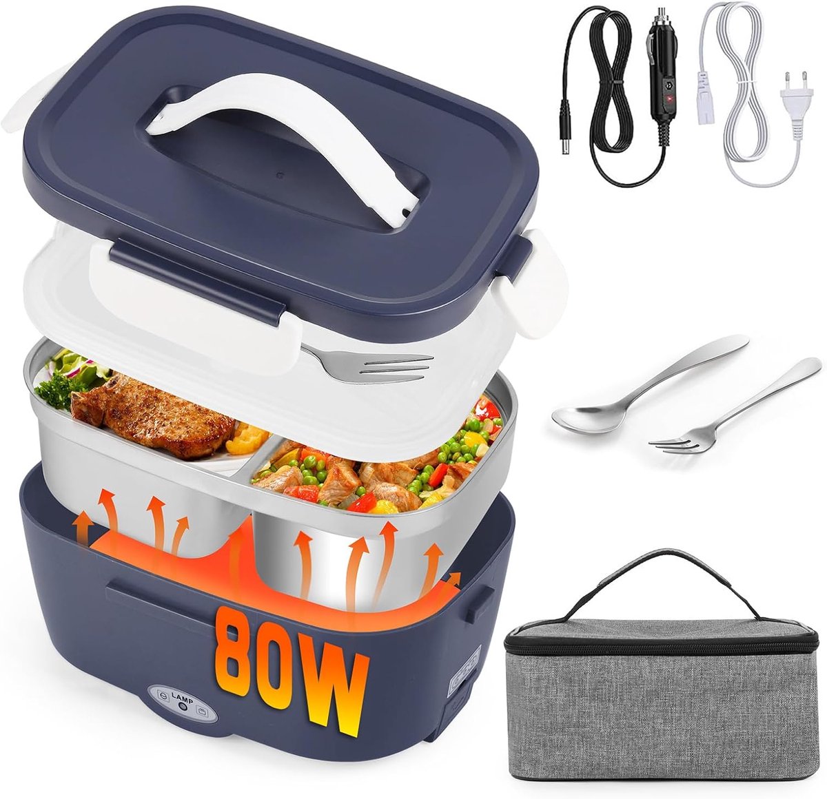 Elektrische lunchbox voedselverwarmer 3-in-1 met roestvrijstalen verwarming (12V/24V/220V) en accessoires