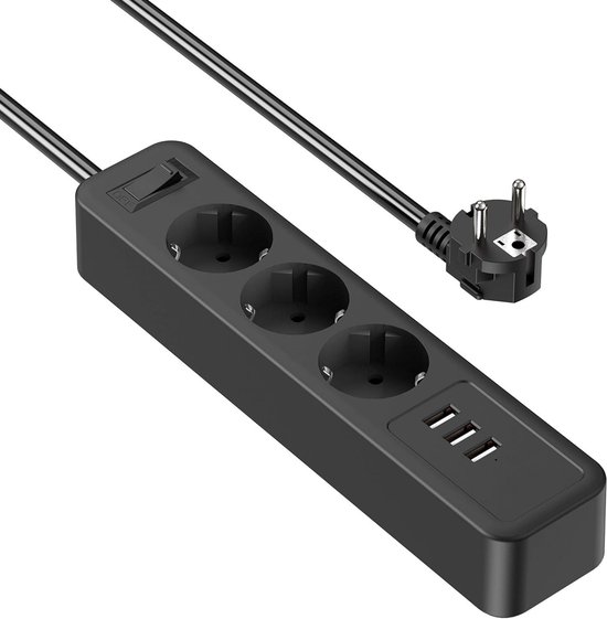 StayPowered Stekkerdoos met USB - Opladen & Stroom in Eén - 3 Stopcontacten - 3 USB Poorten - Snellaadfunctie - Overbelastingsbeveiliging - 2m Kabel - Zwart - Levering Sneller dan Aangegeven!