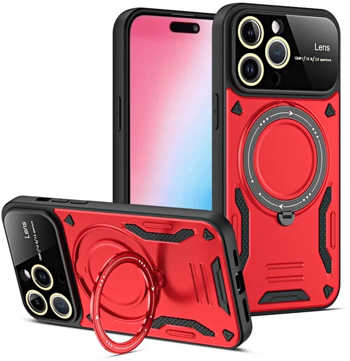 Cityhoesje - iPhone 15 Pro Max - Magnetic - Ring Holder Kickstand - Protective – Backcase - Rood
