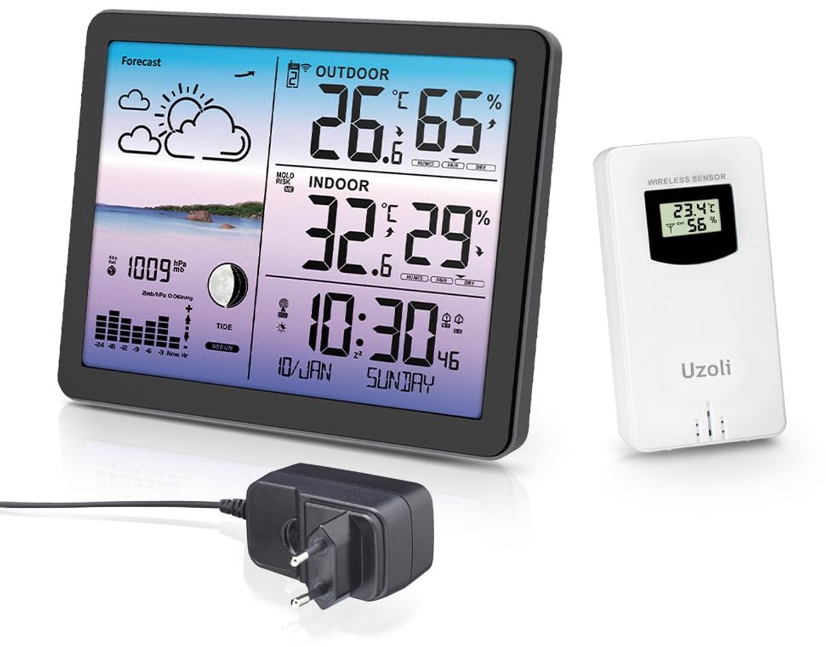 Weerstation Draadloos met Buitensensoren - Thermometer en Hygrometer met Kleurendisplay, Weersvoorspelling en Alarmpunt