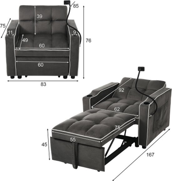 HOMCOM 3-in-1 slaapbank: Sofa, fauteuil of ligbed 833-040V01 HOMCOM 3-in-1 slaapbank: Sofa, fauteuil of ligbed 833-040V01
