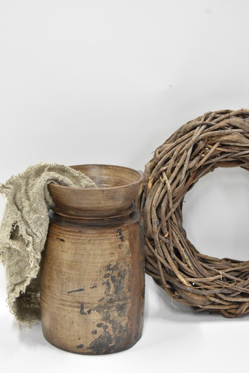 Authentieke Nepalese pot kruik - Oude houten Nepalese kruik pot H 27.5 cm - sober robuust stoer Landelijk (52)