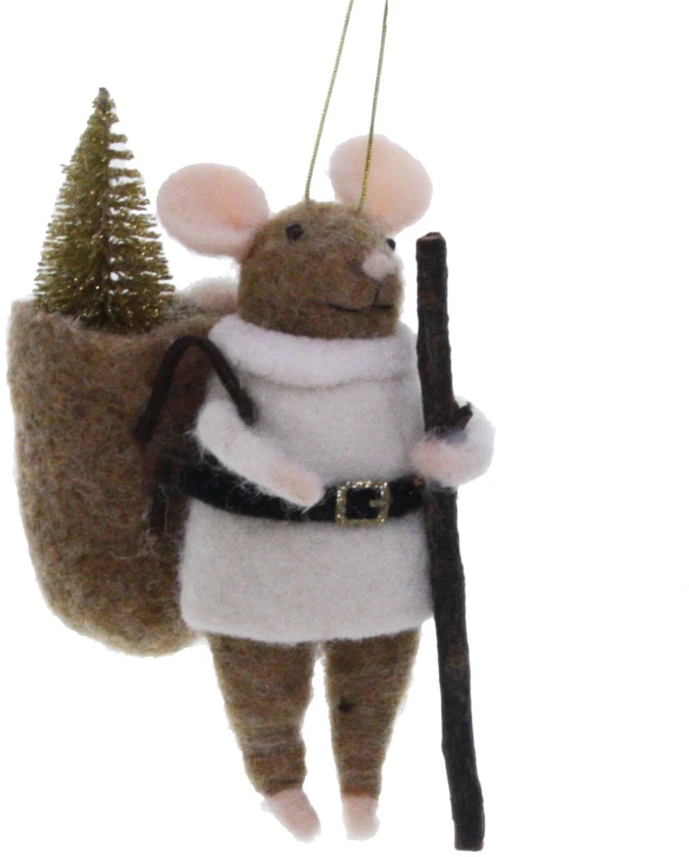 Muis met wandelstok en witte trui 6x10x13cm