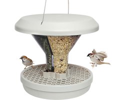 Candala vogelvoederhuisje. Voer vogels - geen knaagdieren! Robuust + betrouwbaar op te hangen. Herbruikbaar. 2 voederkamers. Lichtgrijs