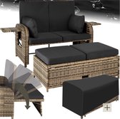 tectake® Wicker loungeset met kruk en opbergruimte voor kussens - 2-zitsbank met verstelbare rugleuning - Weerbestendig meubilair voor balkon, tuin en terras - Inclusief beschermhoes - Zithoogte 45 cm - Beige