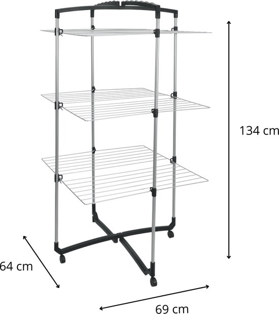 Zilverkleurige droogtoren met 3 etages, 64 cm breed, 69 cm lang en 134 cm hoog, op wielen.