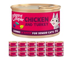 Edgard & Cooper Kattenvoer Graanvrij Natvoer voor Katten Senior Gesteriliseerde of Actieve Senior Kat Natuurlijke Stukjes in Saus 85g x 18 Verse Kalkoen & Kip, Smakelijk en Uitgebalanceerd, Vers Vlees