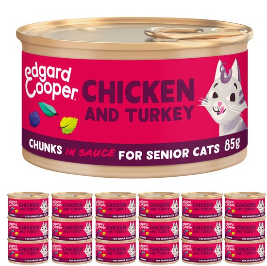 Edgard & Cooper Kattenvoer Graanvrij Natvoer voor Katten Senior Gesteriliseerde of Actieve Senior Kat Natuurlijke Stukjes in Saus 85g x 18 Verse Kalkoen & Kip, Smakelijk en Uitgebalanceerd, Vers Vlees