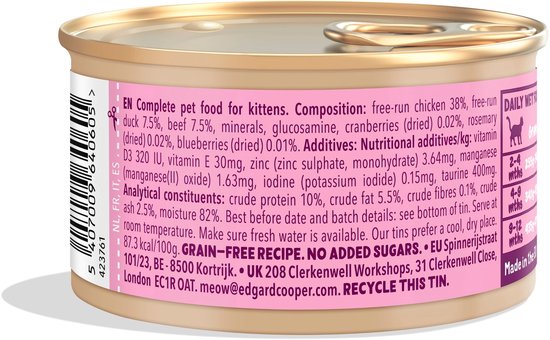 Edgard & Cooper blikje kattenvoer met ingrediëntenlijst en voedingswaarde.