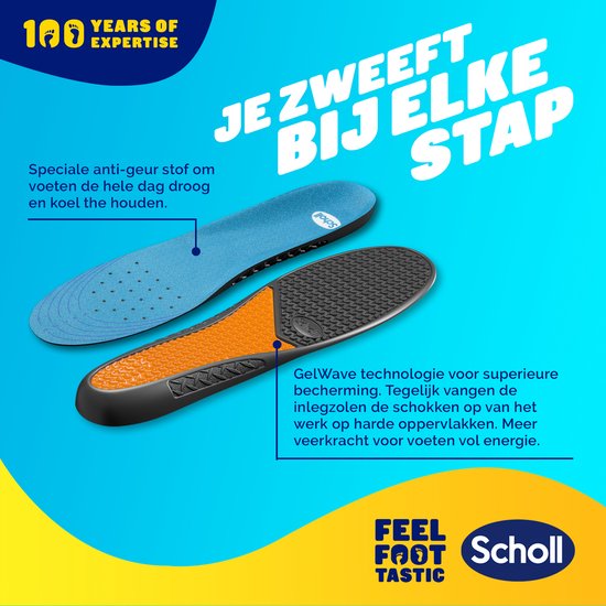 Semelles Scholl GelActiv Professionnel : dessus bleu, dessous orange avec technologie GelWave pour l'amorti.